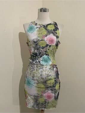 Floral Mesh Mini Dress in Pastel Pink & Aqua
